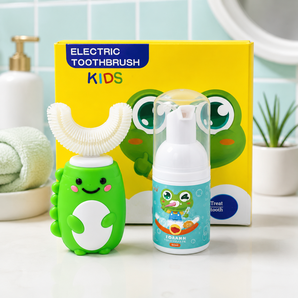 Cepillo Eléctrico Infantil en U 360° + Espuma Dental – Limpieza Fácil para Niños🦷✨